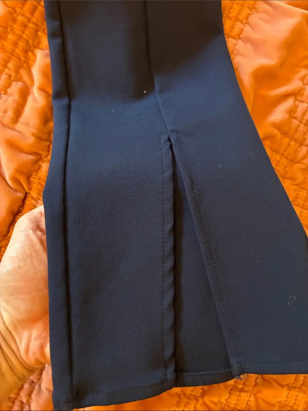 Reformation navy blue split hem stretch modal Fletcher ponte pant, size small